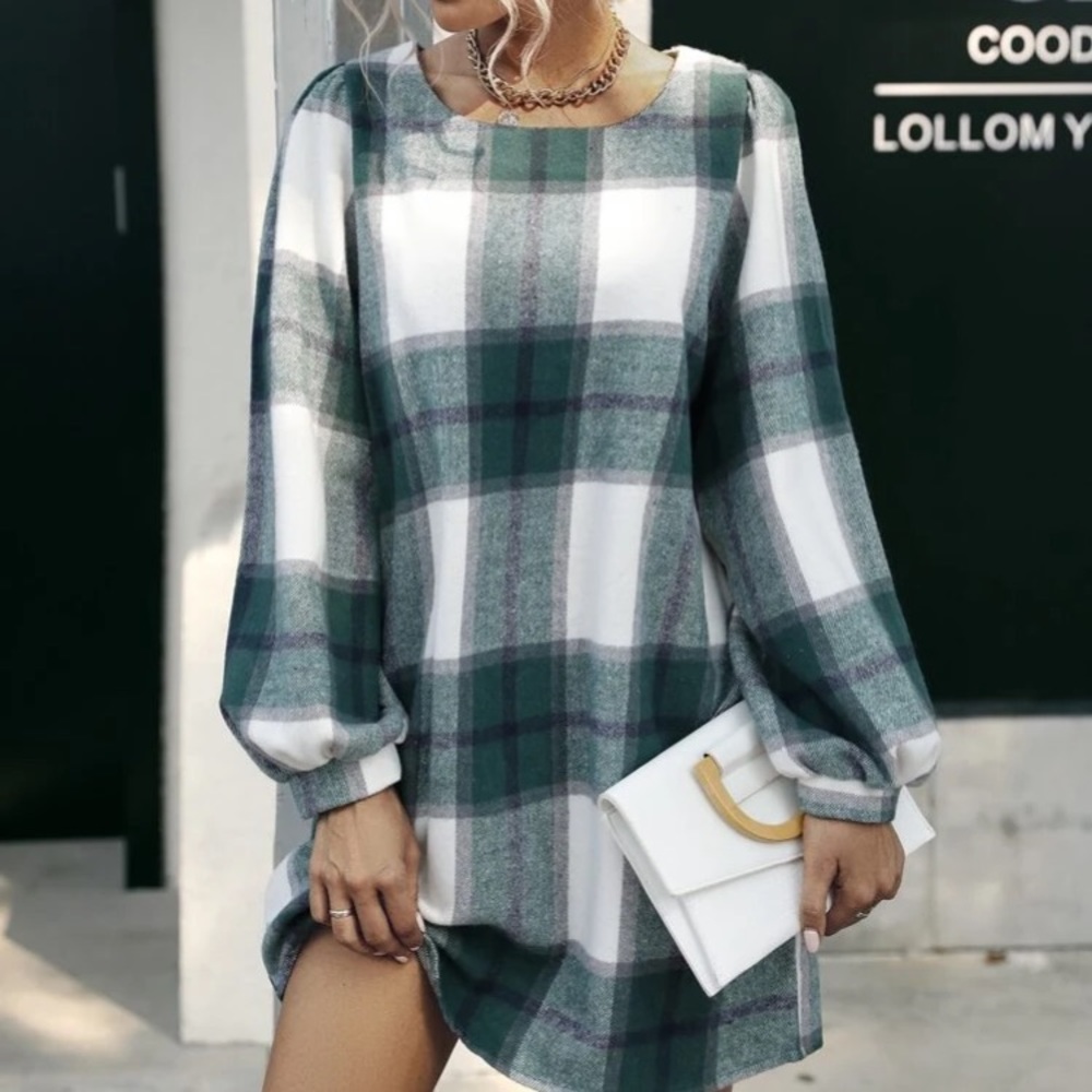 Green/White Plaid Wool Mix Dress in XL - Picture 3 of 4